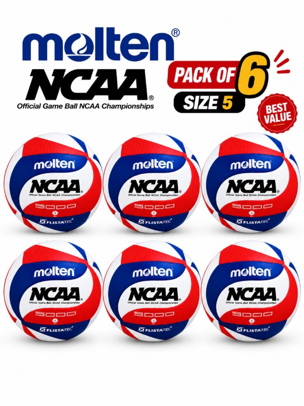 Molten FLISTATEC V5M5000-3N USA Volleyballs – Red, White & Blue, 6-Pack